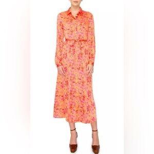 Melloday floral long sleeve tie belt satin shirtdress in pink multi, Large